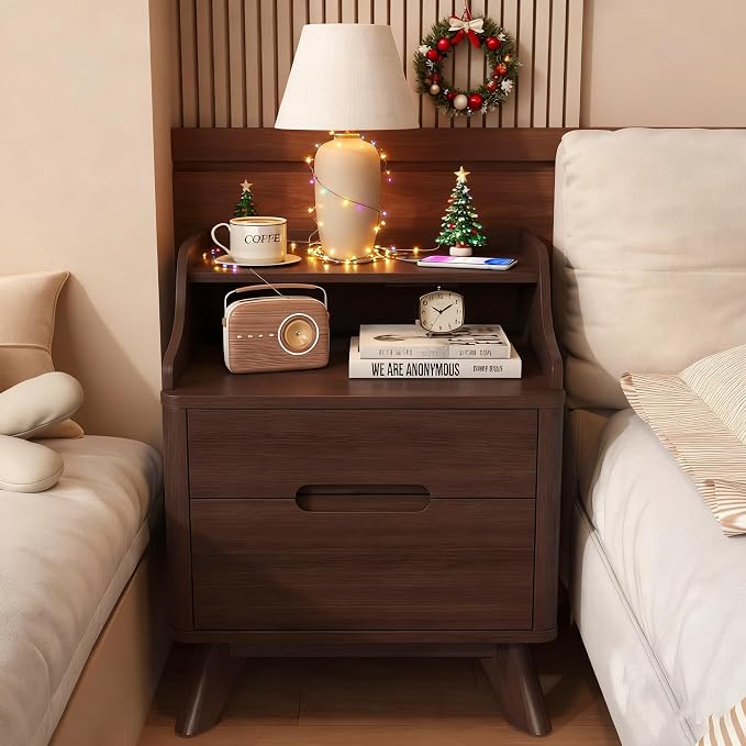 Nightstand with Charging Station, Wood Night Stand with Hidden Handle by SOLACEFURNITURE