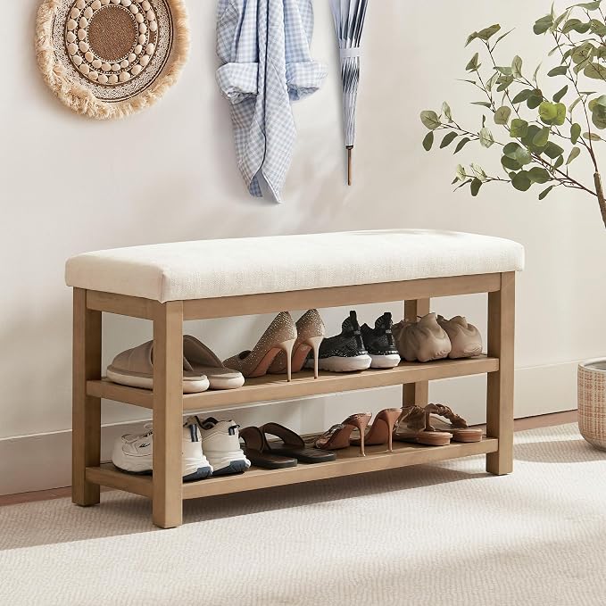 2 Tier Shoe Rack Bench with Cushion, Solid Wood Shoe Benches, Mid-Century - Image 3