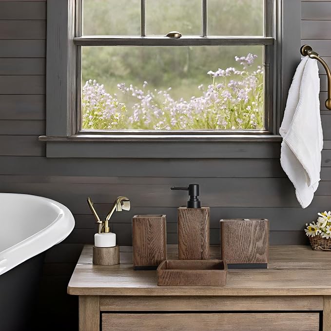 Hymmah Wood Grain Design Bathroom Accessories Set, Farmhouse Bathroom Decor - Image 5