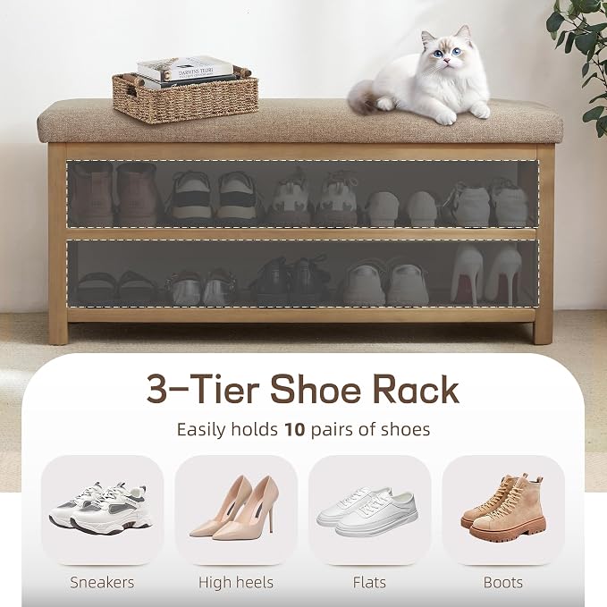 Shoe Rack Bench with Cushion, 2 Tier Solid Wood Storage Bench, Mid-Century - Image 6