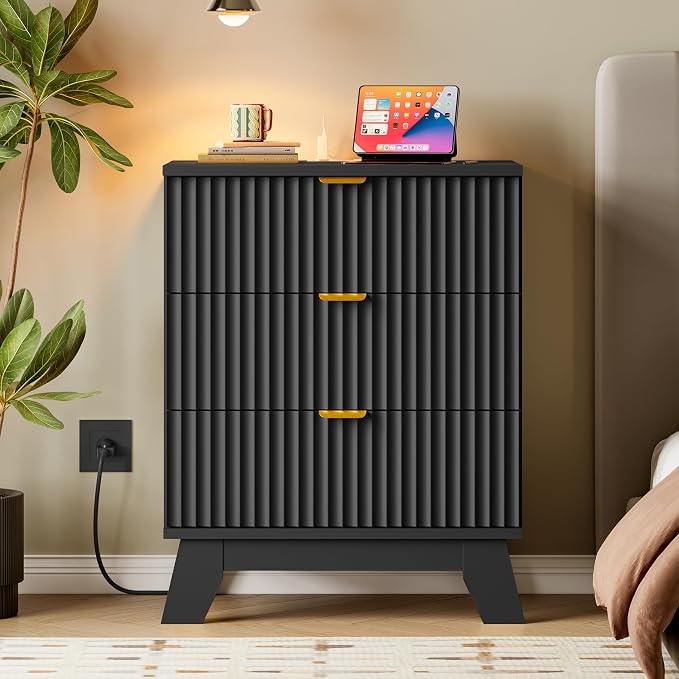 30.5" Nightstand with Charging Station, 3-Drawer Fluted Bedroom Chest, Wood - Image 7