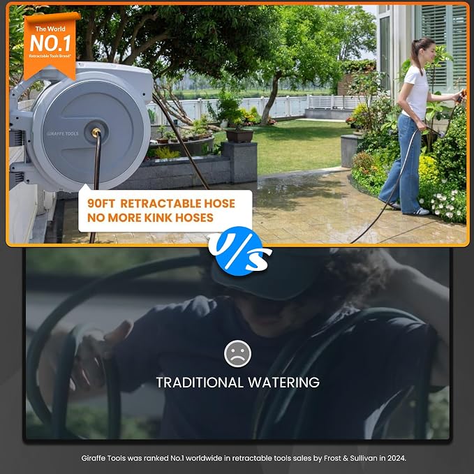 Giraffe Tools Retractable Garden Hose Reel, 5/8 in x 90 ft Heavy Duty Hose Reel - Image 2