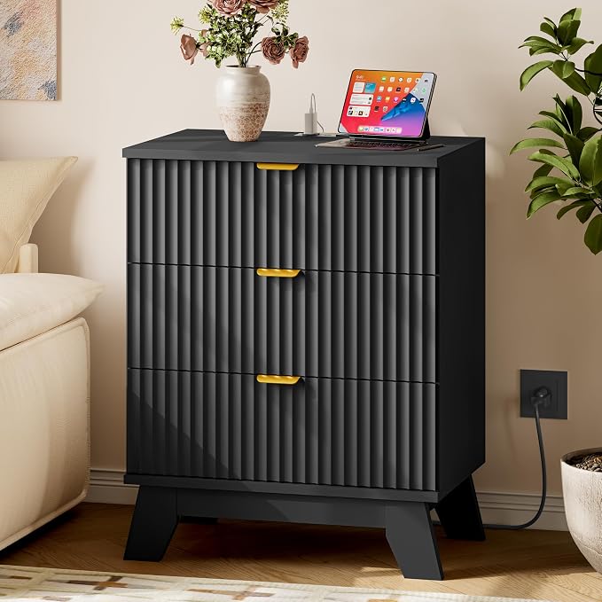 30.5" Nightstand with Charging Station, 3-Drawer Fluted Bedroom Chest, Wood by BORNOON