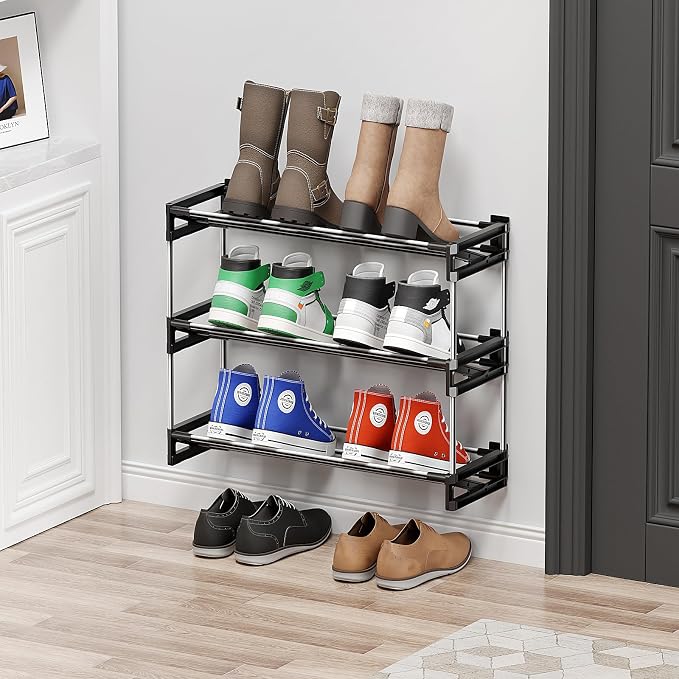 3 Tier Narrow Shoe Rack with Hook and Loop Sticky Adhesive Strips Shoe Shelf by DEYILIAN