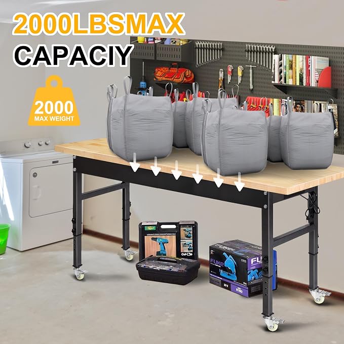 70'' Adjustable Workbench, Rubber Wood Top Work Bench Heavy-Duty Work Table - Image 6
