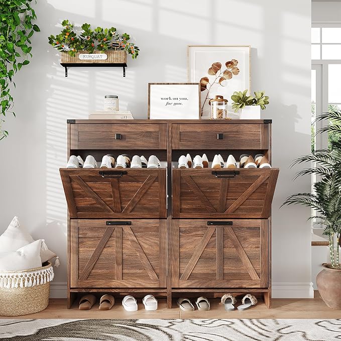 Shoe Cabinet with 4 Flip Drawers & 2 Drawers, Farmhouse Shoe Storage Cabinet - Image 5