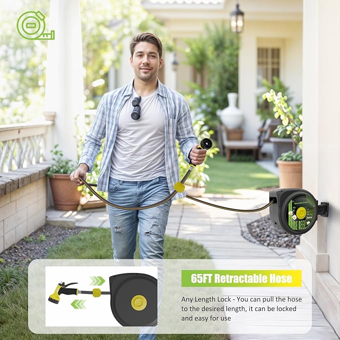 Hose Reel, Retractable Garden Hose Reel, 65 ft x 1/2 inch Garden Hose - Image 3
