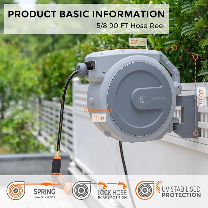 Giraffe Tools Retractable Garden Hose Reel, 5/8 in x 90 ft Heavy Duty Hose Reel - Image 3