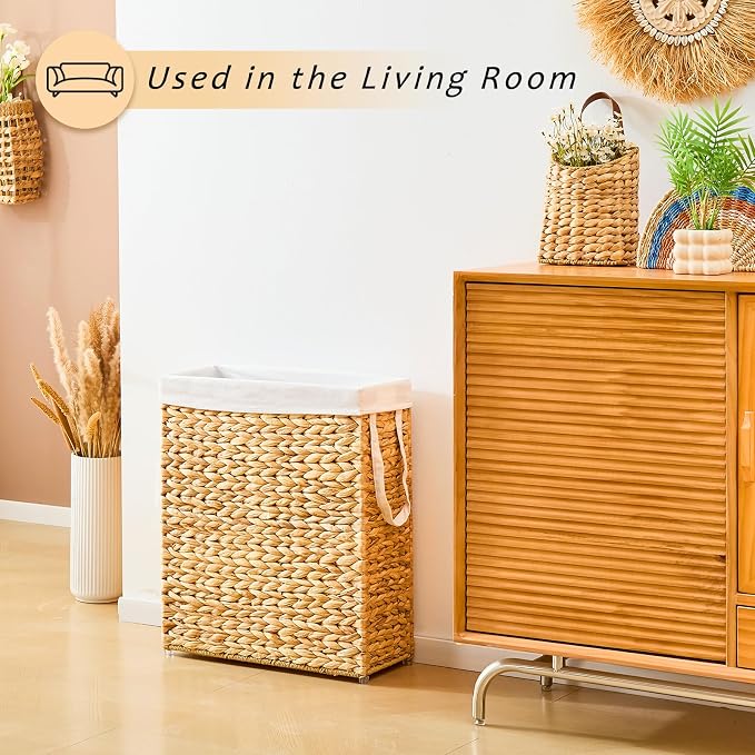 Handwoven Slim Laundry Hamper, 75L Narrow Laundry Basket, Natural Water - Image 5