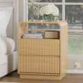Natural Oak Nightstand with Charging Station, Mid Century Modern Bedside Table by WODEER