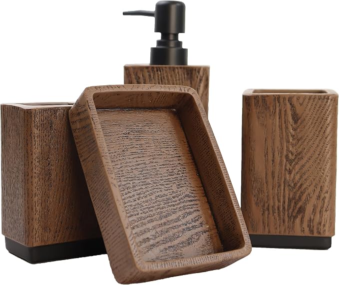 Hymmah Wood Grain Design Bathroom Accessories Set, Farmhouse Bathroom Decor - Image 3