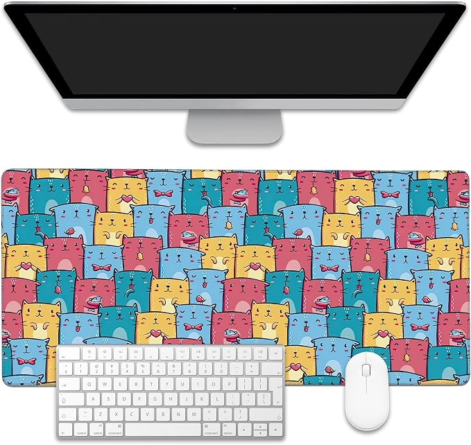 Kawaii Colorful Cats Desk Mat, Large Gaming Mouse Pad, Non-Slip Rubber Base by EOBKLAX