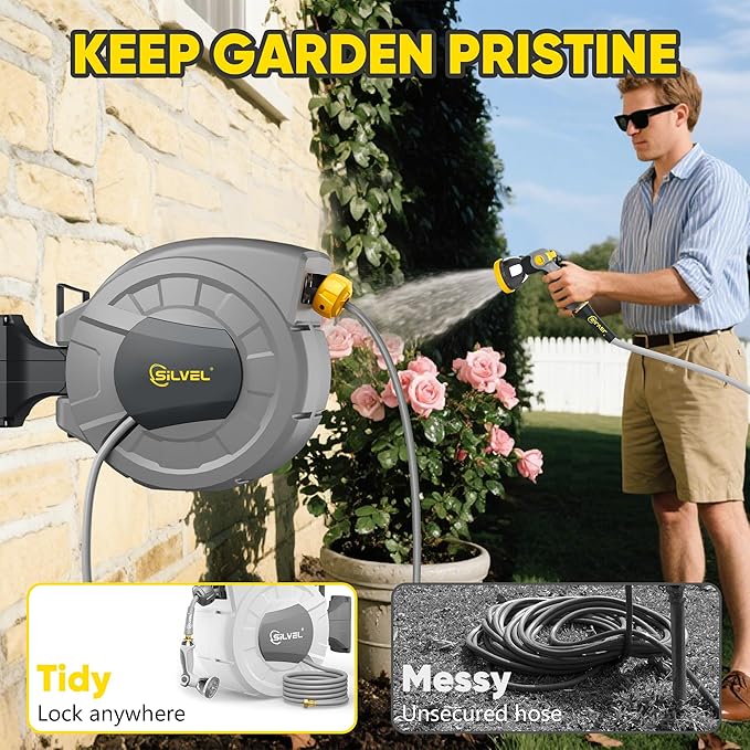 SILVEL 1/2 in x 110 FT Retractable Garden Hose Reel, UV Resistant Heavy Duty - Image 2