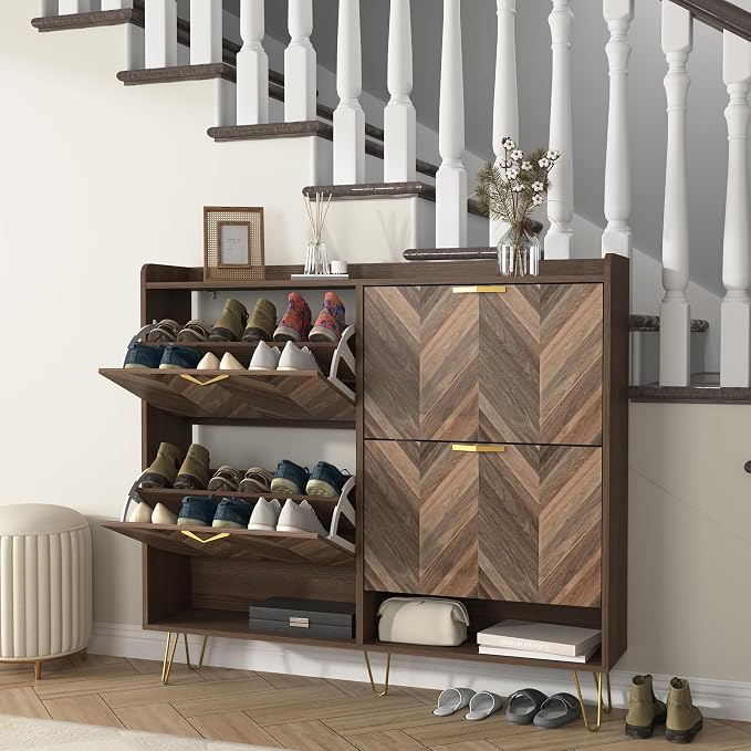 Vibe & Dine 4 Flip Drawer Shoe Cabinet, Mid Century Modern Shoe Organizer - Image 4