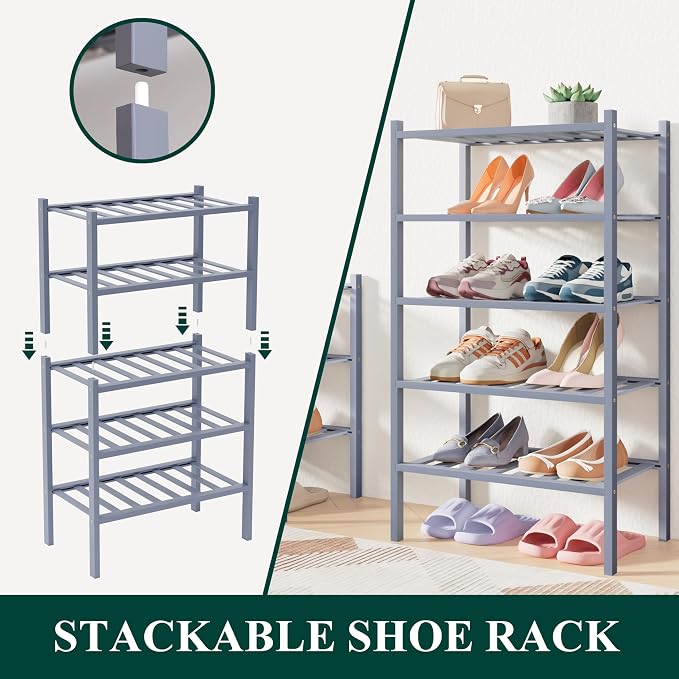 Smiry Bamboo Shoe Rack for Closet, 5 Tier Small Wooden Stackable Shoe Organizer - Image 3