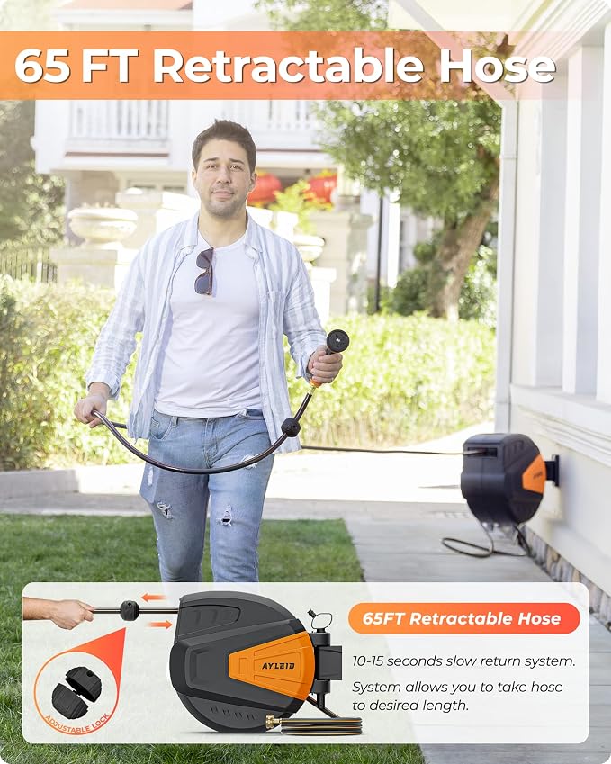 Ayleid Retractable Garden Hose Reel, 1/2 in x 65 ft Wall Mounted Hose Reel - Image 3