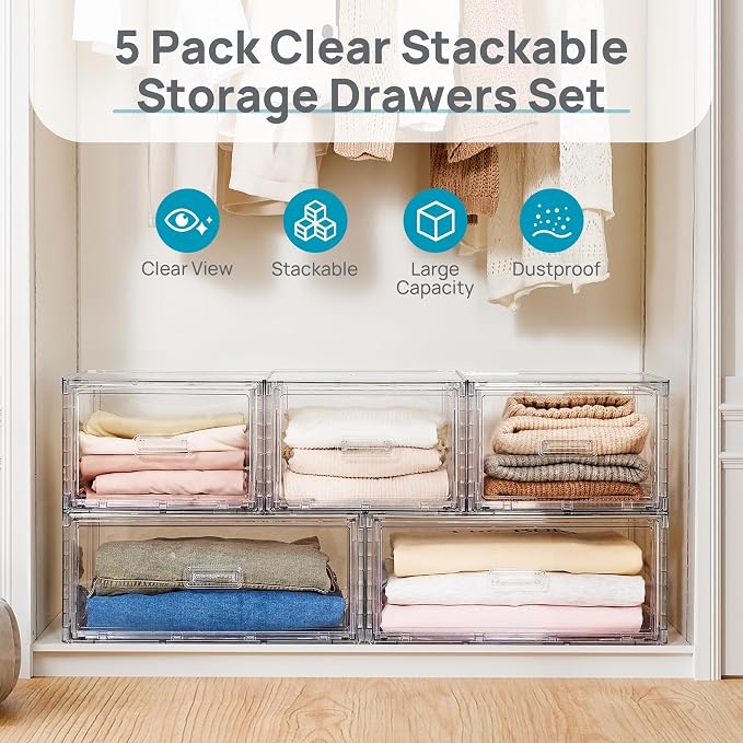 Vtopmart 5-Piece Large & Medium Stackable Drawer Organizer Set, 108QT Clear - Image 3