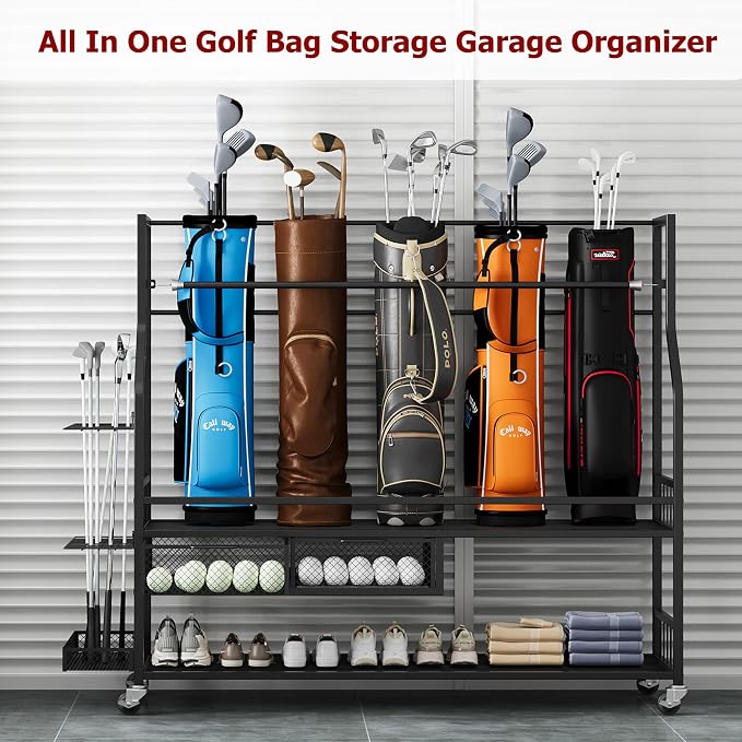 Golf Bag Storage Rack on Wheels, Mobile 5-Bag Organizer - Image 6