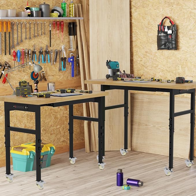 60" Adjustable Workbench with Wheels and Drawer, Rolling Work Bench Table with - Image 2
