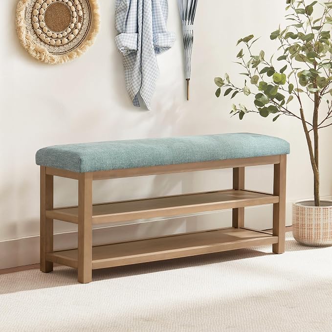 Shoe Rack Bench with Cushion, 2 Tier Solid Wood Storage Bench, Mid-Century - Image 3