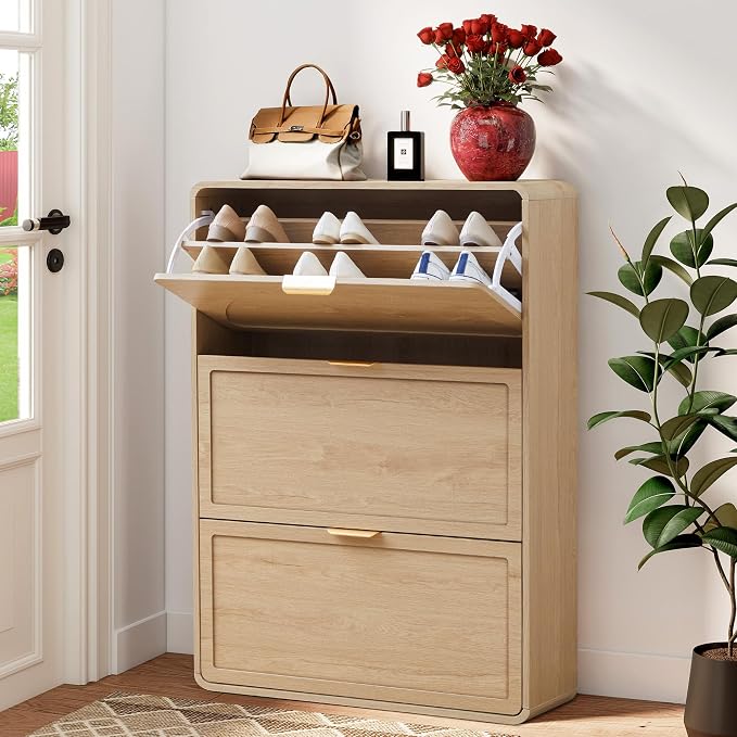 Hidden Shoe Cabinet with Drawer, Free Standing Narrow Shoe Rack Cabinet by affeivul