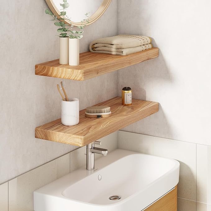24" Rustic Elm Wood Floating Shelves, 8 Inch Deep Wall Shelves - Image 2