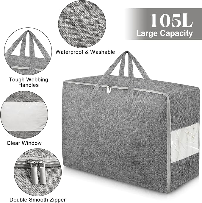 2Pack 105L Extra Large Storage Bags, Folding Moving Comforter Blanket Storage - Image 3