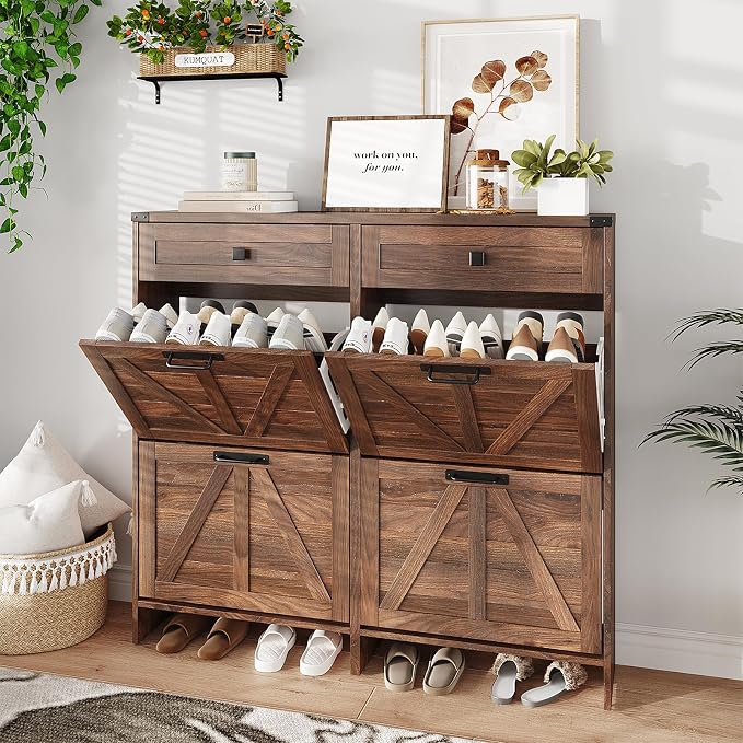 Shoe Cabinet with 4 Flip Drawers & 2 Drawers, Farmhouse Shoe Storage Cabinet by Halitaa