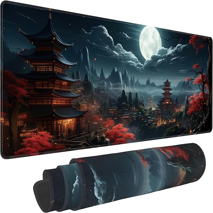 Japanese Full Moon Large Mouse Pad, Gaming Keyboard Desk Pad, Extended Mouse by BAHDSISFA