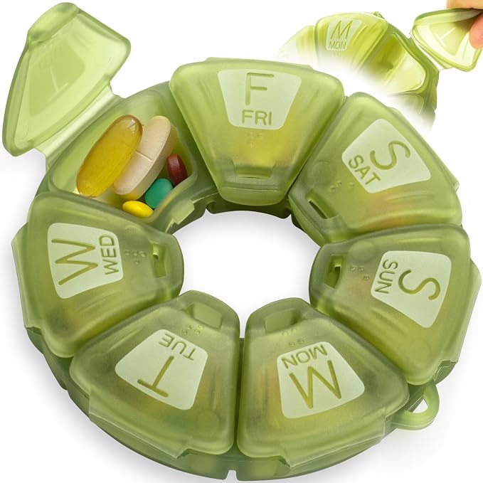 Round Weekly Pill Organizer, TPU Rubberized, Travel Pill Container 7 Day by YAKLIMPILLORGANIZER