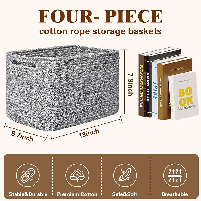 Storage Baskets for Organizing, 4 Pack Storage Baskets for Shelves, Woven - Image 3