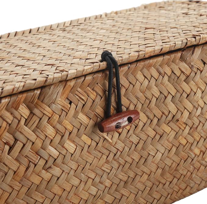 Seagrass Storage Basket with Lid Rectangular Small Woven Shelf Baskets with - Image 5
