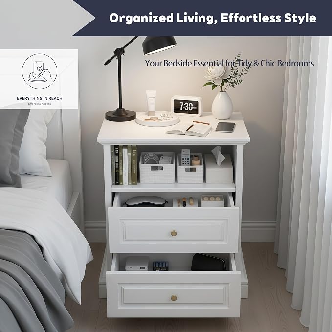 White Nightstand with 2 Drawers & Open Shelf, 21.2"x16.5"x24.0" Bedside Table - Image 3