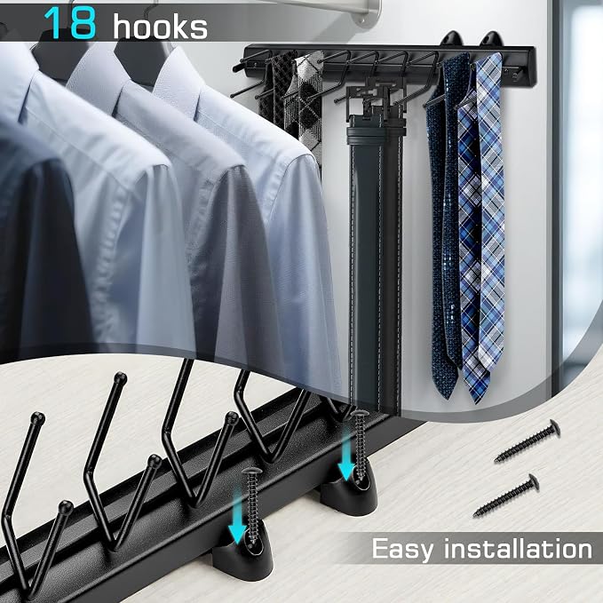 Sliding Tie Racks, 18 Tie Hanger Pull Out Belt Rack 16.5'' Aluminum Alloy - Image 3