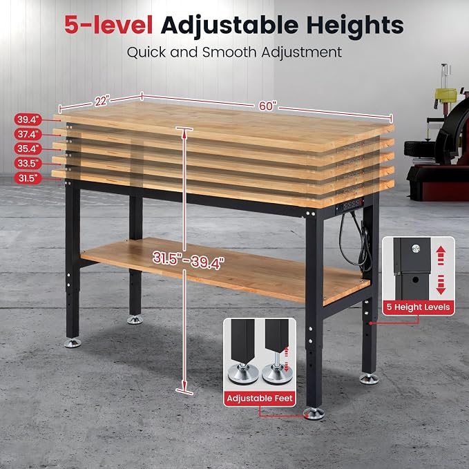Work Table for Garage 60 x 22 Inch Adjustable Height Workbench Heavy Duty - Image 8