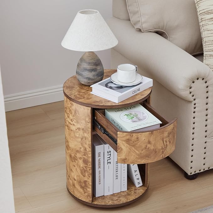 Side Table with Drawer, Round Bedside Table with Open Shelf, Farmhouse Burl - Image 4