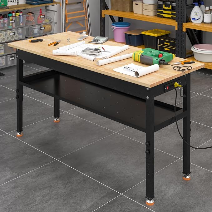 48"/60'' Adjustable Workbench, Rubber Wood Top Work Bench Heavy-Duty Work Table - Image 6