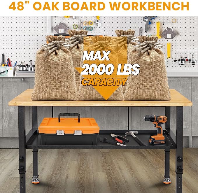 48"/60'' Adjustable Workbench, Rubber Wood Work Bench Heavy-Duty - Image 3