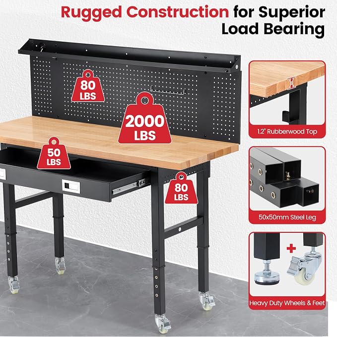 Work Bench with Wheels 60 x 22 Inch Heavy Duty Rubberwood Tabletop Work Table - Image 2