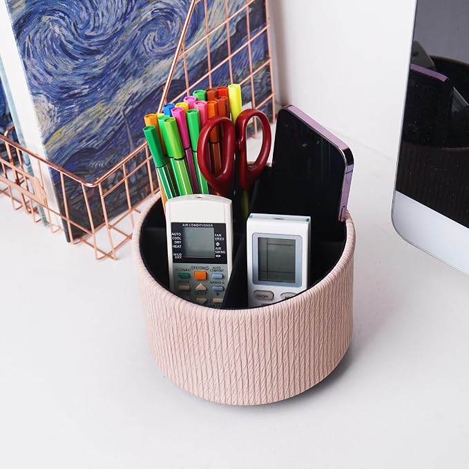 Round Leather Art Supply Organizer, Remote Control Holder, 360 Degree Spinning - Image 6