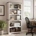 70 Inch Farmhouse Bookcase, Distressed White and Walnut Two-Tone Shelves by Unknown