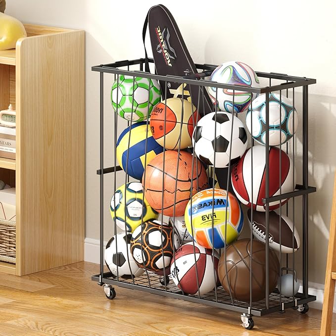 Large Garage Ball Storage, Rolling Floor Sports Equipment Organizer: by Hencawima