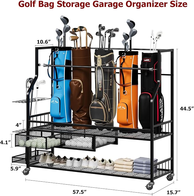 Golf Bag Storage Rack on Wheels, Mobile 5-Bag Organizer - Image 2