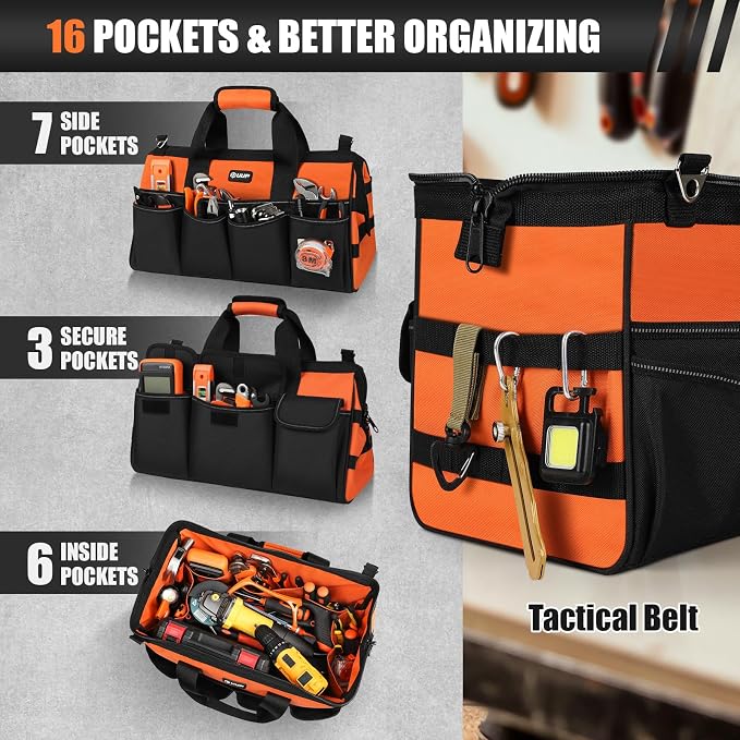 Heavy Duty Tool Bag 18-Inch, 16-Pocket Portable Soft Tool Box Organizer Storage - Image 3
