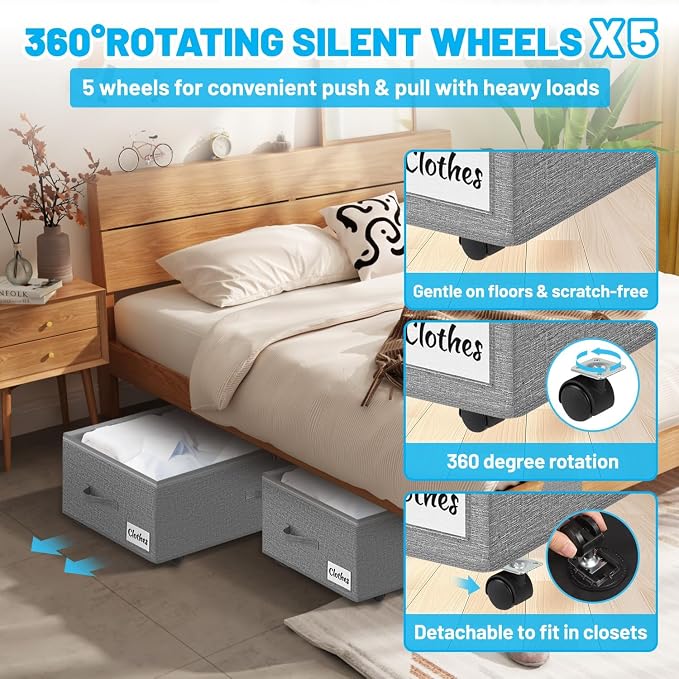 2 Pack Under Bed Storage with Wheels 10" Height, Rolling Storage Bins XXL 60L - Image 4