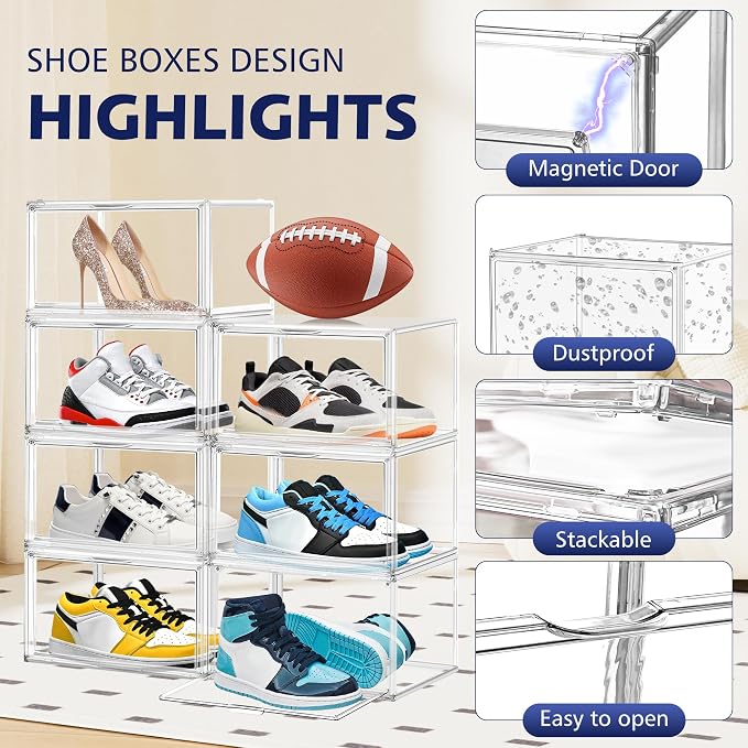 12 Pack Acrylic Shoe Boxes, Size 12 Clear Plastic Stackable Shoe Storage Boxes - Image 3