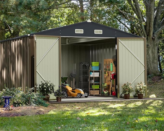 Greesum 10x10FT Outdoor Storage Shed, Utility Tool Shed Metal Storage Garden - Image 2