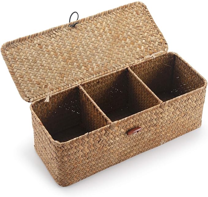Seagrass Storage Basket with Lid Rectangular Small Woven Shelf Baskets with by DECRAFTS