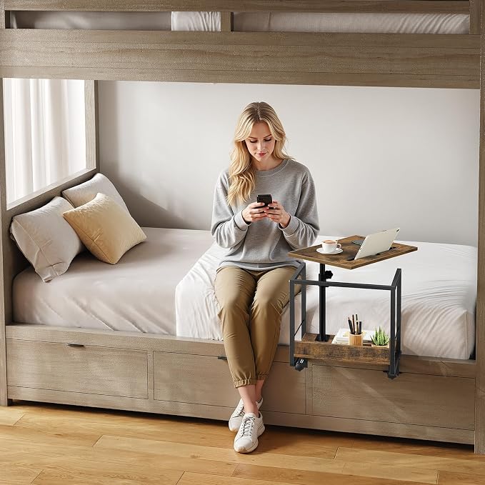 Bedside Shelf, Bed Shelf with 360° Rotating and Height-Adjustable Tray - Image 3