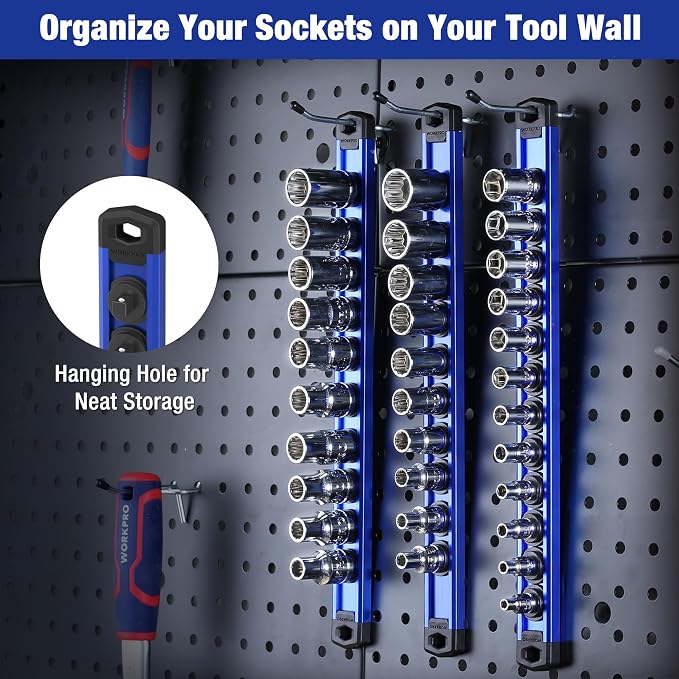 WORKPRO Magnetic Socket Organizer Set, 3-Piece Aluminum Alloy Socket Rail - Image 7